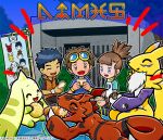  1girl 2boys april black_hair black_shirt blue_hoodie bread broken_heart_print brown_eyes brown_hair commentary_request digimoji digimon digimon_(creature) digimon_tamers food guilmon hood hoodie lee_jianliang makino_ruki matsuda_takato multiple_boys official_art orange_vest partially_translated picnic purple_eyes renamon shirt short_hair terriermon translation_request vest white_shirt 