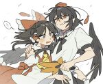  2girls black_hair black_wings commentary_request detached_sleeves feathered_wings hakurei_reimu hand_fan hand_on_another's_shoulder hat holding holding_fan multiple_girls nontraditional_miko pointy_ears sakic43899 shameimaru_aya shirt short_hair tokin_hat touhou white_shirt wide_sleeves wings 