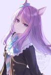  1girl animal_ears aqua_bow aqua_bowtie black_jacket bow bowtie changmakura closed_mouth coat ear_bow ear_ribbon frilled_coat frilled_jacket frills highres horse_ears horse_girl jacket long_hair long_sleeves looking_at_viewer mejiro_mcqueen_(frontline_elegance)_(umamusume) mejiro_mcqueen_(umamusume) purple_eyes purple_hair shirt simple_background smile solo striped_clothes striped_shirt umamusume upper_body 