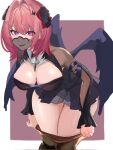  1girl 8gjn306x3j60992 black_dress black_thighhighs black_wings border breasts cleavage commentary_request corrupted_twitter_file dress highres large_breasts leaning_forward looking_at_viewer mask mouth_mask pantyhose pink_hair purple_background purple_eyes ramiel_(zenless_zone_zero) short_hair solo thighhighs thighhighs_over_pantyhose undressing white_border wings zenless_zone_zero 