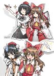  >_< +_+ 2girls absurdres ascot black_hair black_ribbon black_skirt blush bow brown_eyes brown_hair collared_shirt comedic_sweatdrop commentary dango dated detached_sleeves food frilled_bow frilled_hair_tubes frilled_skirt frills gohei hair_bow hair_tubes hakurei_reimu hat highres holding holding_gohei holding_notebook holding_pen long_hair multiple_girls neck_ribbon notebook one_eye_closed open_mouth pen pointy_ears pom_pom_(clothes) puffy_short_sleeves puffy_sleeves red_bow red_eyes red_hat ribbon ribbon-trimmed_sleeves ribbon_trim rryy shameimaru_aya shirt short_sleeves skirt smile spoken_food tokin_hat touhou wagashi white_shirt yellow_ascot 