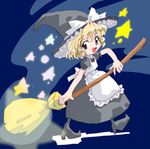 apron artist_request blonde_hair bow broom brown_eyes dress hat hat_bow holding holding_broom kirisame_marisa lowres open_mouth puffy_short_sleeves puffy_sleeves short_sleeves smile solo source_request star starry_background touhou white_bow witch_hat 