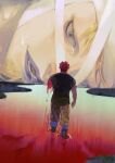  2boys absurdres amputee bandaged_head bandages black_shirt blonde_hair blue_eyes commentary_request denisefanta eustass_kid eyelashes facial_hair facing_away goatee highres killer_(one_piece) male_focus multiple_boys one_piece parted_lips purple_lips red_water shirt tears wading 