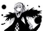  black_wings dress faux_traditional_media feathers flower greyscale hairband high_contrast long_hair long_sleeves looking_at_viewer mizumoto_tadashi monochrome rose rozen_maiden simple_background sketch solo suigintou very_long_hair wings 