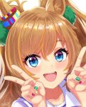  1girl absurdres animal_ears blast_onepiece_(umamusume) blue_eyes blush braid braided_sidelocks breasts brown_hair commentary_request double_v hair_between_eyes highres horse_ears horse_girl long_hair looking_at_viewer multicolored_nails open_mouth portrait purple_shirt sailor_collar sailor_shirt school_uniform shirt sidelocks smile solo teeth tracen_school_uniform twintails umamusume upper_teeth_only v white_sailor_collar ya-ya 