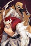  2boys absurdres arrancar bleach blonde_hair blue_eyes coat denisefanta eustass_kid highres killer_(one_piece) long_hair male_focus mask mature_male messy_hair multiple_boys nipples one_piece red_hair scar scar_on_face short_hair skeleton white_coat 