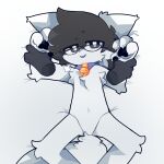  anthro arm_grab body eggley_(artist) eyewear felid feline fur glasses hi_res male male/male mammal presenting solo white 