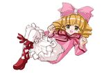  artist_request blonde_hair bow brown_hair dress drill_hair green_eyes hair_bow hina_ichigo looking_at_viewer lying on_back pantyhose pink_bow ribbon rozen_maiden simple_background solo white_background 