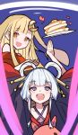  2girls absurdres animal_ears bare_shoulders blonde_hair blue_eyes cho_kaguya-hime! collarbone commentary crescent crescent_hair_ornament food hair_ornament hair_rings hair_stick halterneck heart highres japanese_clothes kaguya_(cho_kaguya-hime!) kimono long_hair looking_at_viewer lop_rabbit_ears multicolored_eyes multiple_girls okayamameibutu orange_eyes pancake pancake_stack plate purple_eyes rabbit_ears red_kimono runami_yachiyo smile untranslatable_commentary white_hair 