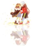  1boy 1girl :d absurdres alternate_universe ankle_boots ankle_socks backlighting bare_legs black_jacket black_scarf black_shorts blue_shorts blue_sweater boots brown_boots brown_hair chinese_commentary closed_eyes closed_mouth commentary_request couple covered_eyes denim denim_shorts face-to-face facing_another film_grain flower flower_wreath flowerfell frisk_(undertale) full_body fur-trimmed_jacket fur_trim genderswap genderswap_(otf) gloves gold_necklace gold_teeth grin hair_over_eyes hanbaobaobaozhu head_wreath hetero highres holding_hands hood hood_down hooded_jacket interspecies jacket jacket_on_shoulders jewelry knees_together_feet_apart light_particles long_sleeves necklace pink_sweater puffy_long_sleeves puffy_sleeves red_gloves red_scarf red_shoes red_sweater reflective_floor ribbed_sweater sans_(undertale) scarf sharp_teeth shoelaces shoes short_hair shorts simple_background single_vertical_stripe skeleton sleeves_past_wrists smile socks standing striped_clothes striped_scarf striped_sweater sweater teeth twintails two-tone_scarf two-tone_sweater u_u undertale utdr_(toby_fox) vertical-striped_clothes vertical-striped_scarf white_background yellow_flower yellow_socks yellow_trim 