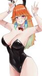  1girl :d absurdres animal_ear_hairband animal_ears arm_strap black_leotard bow bowtie breasts cleavage colored_inner_hair commentary covered_navel detached_collar earrings english_commentary fake_animal_ears feather_earrings feathers gradient_hair green_feathers green_hair grin hair_flaps hairband highleg highleg_leotard highres hololive hololive_english jewelry large_breasts leotard long_hair looking_at_viewer multicolored_hair orange_hair playboy_bunny purple_eyes pynkmouth rabbit_ear_hairband rabbit_ears red_bow red_bowtie simple_background smile solo strapless strapless_leotard takanashi_kiara traditional_bowtie virtual_youtuber white_background wrist_cuffs 