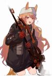  1girl :d animal_ears arknights black_jacket blush_stickers brown_hair ceobe_(arknights) ceobe_(unfettered)_(arknights) chinese_commentary commentary_request cropped_legs ears_through_headwear gloves grey_hat hat highres holding jacket long_hair looking_at_viewer notice_lines official_alternate_costume open_mouth red_eyes red_gloves rional simple_background smile solo standing unfinished white_background 