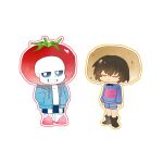  1boy 1other :d absurdres ankle_boots ankle_socks arms_at_sides bare_legs black_sclera black_shirt black_shorts blue_jacket blue_shorts blue_sweater boots brown_boots brown_hair chinese_commentary closed_eyes closed_mouth collared_shirt colored_sclera commentary_request deformed double-parted_bangs drawstring facing_viewer food food_on_head frisk_(undertale) full_body grey_hood grid_teeth grin hair_between_eyes hanbaobaobaozhu hands_in_pockets highres hood hood_down hooded_jacket jacket jitome long_sleeves no_eyebrows object_on_head open_clothes open_jacket orange_outline outline pink_slippers pink_sweater potato puffy_long_sleeves puffy_sleeves red_outline sans_(undertale) shirt short_hair shorts sidelocks simple_background skeleton slippers smile socks standing striped_clothes striped_sweater sweater tomato two-tone_sweater u_u undertale utdr_(toby_fox) white_background white_eyes white_shirt white_socks 