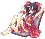  armpits arms_behind_head barefoot crossed_legs feet hakurei_reimu half_updo knees_up lowres satou_kibi sitting skirt solo touhou 