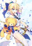  1girl ahoge artoria_pendragon_(fate) bare_shoulders blonde_hair blush bow breasts caliburn_(fate) cropped_shirt fate/stay_night fate_(series) gloves gold_trim green_eyes hair_bow highres long_hair looking_at_viewer medium_breasts midriff navel negi_(ulog'be) open_mouth ponytail saber_(fate) shirt short_shorts shorts sidelocks sleeveless sleeveless_shirt smile solo stuffed_animal stuffed_toy sword teddy_bear thighhighs thighs weapon white_gloves white_shirt white_shorts white_thighhighs 