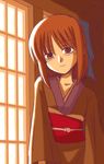  blue_ribbon blush closed_mouth eyebrows_visible_through_hair hair_ribbon japanese_clothes kimono kohaku long_sleeves looking_at_viewer obi red_eyes red_hair ribbon sagami_inumaru sash short_hair smile solo tsukihime upper_body window 