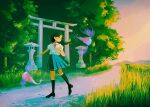  1girl aqua_skirt black_hair black_shoes black_socks collared_shirt commentary_request evening fish floating_hair flying_fish full_body grass grin highres kneehighs loafers long_hair looking_at_animal looking_to_the_side neck_ribbon original outdoors path pleated_skirt red_ribbon ribbon s_u_d scenery school_uniform shirt shirt_tucked_in shoes short_sleeves skirt slice_of_life smile socks solo stone_lantern straight_hair torii tree turning_head walking white_shirt 