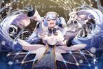  1girl 1other arm_up bass_clef beamed_sixteenth_notes beret blue_bow blue_gloves blue_tabard blush book bow braid christmas_lights coat commentary eighth_note fortissimo fur-trimmed_coat fur_trim gloves gold_trim hair_bow hair_ornament happy_new_year hat hatsune_miku holding holding_book long_hair looking_at_viewer multiple_hair_bows musical_note musical_note_hair_ornament musical_staff nanairo_sei official_alternate_costume open_mouth outdoors quarter_note rabbit rabbit_yukine sixteenth_note smile snowflake_print tabard treble_clef twintails very_long_hair vocaloid white_coat white_hat yuki_miku yuki_miku_(2021) 