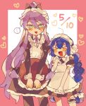  >_< ... 1boy 1girl apron blue_eyes blue_hair blush bow braid closed_eyes collared_dress commentary_request crossdressing crossdressing_(mtf) dated dress elbow_gloves enmaided fang frilled_thigh_strap fukomo gloves hair_bow hand_on_own_chest heart holding holding_tray juliet_sleeves kamui_gakupo long_hair long_sleeves maid maid_day maid_headdress neck_ribbon nervous_smile open_mouth otomachi_una pantyhose ponytail puffy_short_sleeves puffy_sleeves purple_hair ribbon short_sleeves sleeve_cuffs smile spoken_ellipsis sweat thigh_strap tray twin_braids very_long_hair vocaloid 