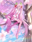  1girl bird blush branch breasts cherry_blossoms cherry_hair_ornament collared_shirt commentary_request detached_sleeves floral_print flower food-themed_hair_ornament full_body green_bird hair_between_eyes hair_ornament hatsune_miku headphones highres long_hair long_legs long_sleeves looking_at_viewer medium_breasts miniskirt necktie official_alternate_costume open_mouth pink_eyes pink_flower pink_hair pink_necktie pink_skirt pleated_skirt sakura_miku shiranomaru shirt sitting sitting_on_branch skirt sleeveless sleeveless_shirt solo spring_(season) tie_clip twintails very_long_hair vocaloid white_trim wide_sleeves 