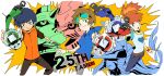  2girls 4boys anniversary black_hair black_shirt blue_hoodie brown_eyes brown_hair cowboy_shot d-ark digimon digimon_tamers dukemon glint goggles goggles_on_head group_picture heart heart_print highres holding hood hoodie jeogem_yae_(eungu1798160731) lee_jianliang makino_ruki matsuda_takato multiple_boys multiple_girls orange_vest saintgalgomon sakuyamon shirt short_hair vest white_shirt 