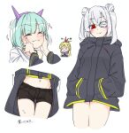  3girls :i ^_^ alternate_costume aqua_hair arrow_(symbol) ass_visible_through_thighs black_shorts blonde_hair blunt_bangs blush bungo_yayoi casual cheek_squash closed_eyes closed_mouth clothes_lift commentary cowboy_shot cropped_legs double_bun eyepatch fake_horns fang grey_hair hair_bun hair_ribbon hairband hands_in_pockets heaven_burns_red highres hood hoodie hoodie_lift horn_hairband horns kanzaki_adelheid long_hair long_sleeves looking_at_viewer medium_hair midriff motion_lines multiple_girls navel o_o one_eye_covered open_mouth purple_hairband randayo_sasaki red_eyes red_ribbon ribbon short_hair shorts simple_background skin_fang smile sparkle split_mouth thigh_gap translation_request twintails white_background wide_sleeves yamawaki_bon_ivar 