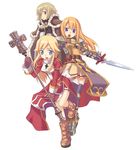  armor armored_dress blonde_hair blue_eyes boots cross gloves high_priest high_wizard latin_cross leg_lift lord_knight multiple_girls ragnarok_online staff sword tanaka_(cow) weapon 