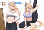  1girl absurdres animal_ears arm_up belly black_choker black_leggings blonde_hair blue_bow blue_eyes blush bow breasts choker cleavage commentary commission ear_bow english_commentary english_text exercising gold_city_(umamusume) highres horse_ears horse_girl horse_tail large_breasts leggings long_hair long_sleeves multiple_views navel off_shoulder open_mouth pinching_own_belly pinepin plump puffy_long_sleeves puffy_sleeves purple_sports_bra shirt simple_background single_bare_shoulder speech_bubble sports_bra stomach swept_bangs tail thought_bubble umamusume white_background white_shirt yellow_tail yoga 