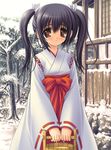  black_hair brown_eyes bucket copyright_request day hakama japanese_clothes long_sleeves looking_at_viewer miko norita outdoors red_eyes red_hakama snow snowman solo standing tree twintails 