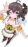  ;d \||/ absurdres ahoge aqua_eyes arm_up bare_shoulders black_camisole black_pantyhose boots brown_hair camisole cat_hair_ornament collarbone commentary_request crop_top cropped_jacket dot_nose double-parted_bangs flat_chest from_above green_ribbon hair_between_eyes hair_ornament halterneck highres hololive jacket medium_hair miniskirt natsuiro_matsuri natsuiro_matsuri_(1st_costume) navel neck_ribbon nekohara_choco off-shoulder_jacket off_shoulder one_eye_closed open_hand orange_jacket pantyhose pinstripe_camisole pinstripe_pattern pleated_skirt posing ribbon shadow short-sleeved_jacket short_sleeves side_ponytail side_slit sidelocks simple_background skirt smile spaghetti_strap standing virtual_youtuber white_background white_boots white_skirt yellow_camisole 