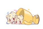  2girls :d ahoge animal_ear_fluff animal_ears blonde_hair blue_collar blue_hair blush chibi chibi_only collar colored_inner_animal_ears commentary decrilus dog_ears english_commentary fallen_down fuwawa_abyssgard fuwawa_abyssgard_(1st_costume) gold hair_ornament hairpin heart highres hololive hololive_english lying mococo_abyssgard mococo_abyssgard_(1st_costume) multiple_girls on_stomach one_eye_closed open_mouth pink_hair shirt short_twintails siblings simple_background sisters smile sparkle trophy twins twintails virtual_youtuber white_background white_shirt x_hair_ornament 
