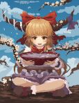  02charaice20 1girl absurdres artist_name blonde_hair blue_sky bow bowtie brown_horns cloud commentary cup dated day english_commentary hair_bow highres holding holding_cup horn_ornament horn_ribbon horns ibuki_suika long_hair looking_at_viewer oni open_mouth orange_eyes pixel_art purple_skirt red_bow red_bowtie ribbon sakazuki shirt sitting skirt sky smile solo touhou white_shirt 