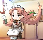  animal_slippers artist_request bonnet bunny_slippers cooking cup eating futaba_channel long_hair long_sleeves maid maid_headdress medoi nijiura_maids orange_hair prehensile_hair senbei slippers solo steam tea yunomi 