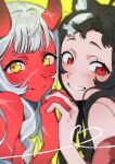  2girls absurdres ahoge akumi_(yoclesh) black_hair blush close-up colored_skin commentary highres holding_hands horns indie_virtual_youtuber long_hair looking_at_viewer momote momote_(vtuber) multiple_girls oni red_eyes red_oni red_skin scar scar_on_face scar_on_hand scar_on_horns skunk_ears skunk_girl smile untranslatable_commentary virtual_youtuber white_hair yellow_background yellow_eyes 