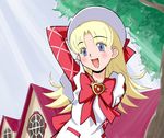  :d artist_request ashita_no_nadja bangs blonde_hair blue_eyes blush day eyebrows_visible_through_hair gem hand_on_headwear hat long_hair long_sleeves nadja_applefield open_mouth outdoors porkpie_hat red_ribbon ribbon smile solo sunlight tree 