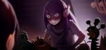  1girl arms_behind_back becca_(pokemon) clenched_teeth crabominable english_commentary farigiraf glasses golurk highres i_don't_like_x_i_love_it_(meme) incineroar meme pikat pokemon pokemon_(creature) pokemon_champions purple_hair ratatouille rotom shirt short_sleeves teeth white_shirt 