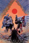  absolute_batman absolute_dc axe bat_mask batman batman_(absolute_dc) batman_(series) battle_axe black_cape bodysuit cape dc_comics dike_ruan grey_bodysuit highres lifting_object mecha robin_(dc) robot superhero_costume weapon 