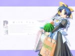  blue_eyes blue_hair bow carrying food fruit groceries hashimoto_takashi holding holding_food holding_fruit itou_noemi long_hair long_sleeves maid sleeve_cuffs solo waitress wallpaper watermelon with_you yellow_bow 