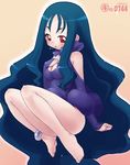  anklet bangs barefoot blue_hair blush breasts bridal_gauntlets cleavage cleavage_cutout feet hand_on_own_chest jewelry kei_jiei kouchuu_ouja_mushiking long_hair mushiking open_mouth pam_(mushiking) red_eyes small_breasts solo very_long_hair 