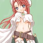  arms_behind_back artist_request aty_(summon_night) belt beltskirt beret blush breasts cape hat long_hair looking_at_viewer lowres midriff navel no_bra no_panties red_hair small_breasts solo summon_night summon_night_3 thighhighs underboob white_legwear 