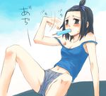  ahoge arm_support bare_arms bare_shoulders black_hair blush breasts camisole cleavage denim denim_shorts food grey_eyes medium_breasts midriff motion_blur mouth_hold navel no_bra original popsicle shimabara_(switch) short_hair short_shorts shorts sitting sleeveless solo spread_legs strap_slip sweat translated 
