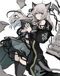 1girl absurdres ahoge animal_ears arknights bare_shoulders black_jacket black_ribbon black_thighhighs blue_eyes blush book cat_ears cat_girl closed_mouth coat feet_out_of_frame floating floating_book floating_object flying_paper grey_eyes grey_hair grey_skirt hair_ribbon highres infection_monitor_(arknights) jacket long_hair long_sleeves looking_at_viewer mint_(arknights) navel off_shoulder open_clothes open_coat open_jacket own_hands_together paper ribbon shirt simple_background skirt smile solo steepled_fingers thighhighs whate=3r white_background zettai_ryouiki 