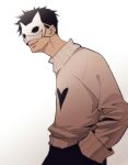  1boy black_hair black_pants commentary_request facing_viewer hands_in_pockets heart heart_print long_sleeves male_focus mask off_(game) open_mouth pants print_sweater sakuyamochi short_hair simple_background smile solo sweater white_background white_sweater zacharie_(off) 