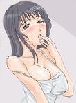  artist_request bare_shoulders black_hair blush breasts cleavage covered_nipples finger_to_mouth implied_masturbation large_breasts open_mouth original solo strap_slip sweat upper_body 
