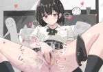  1girl absurdres analog_clock anus azakura_(beniyomogi) black_bow black_bowtie black_hair black_panties black_skirt black_socks bow bow_panties bowtie breast_pocket censored choppy_bangs clock closed_mouth clothes_lift collared_shirt commentary_request excessive_pussy_juice expressionless feet_out_of_frame female_ejaculation female_masturbation female_pubic_hair highres lace-trimmed_panties lace_trim loose_bowtie lying masturbation mosaic_censoring motion_blur on_back original panties panties_around_one_leg pink_eyes plaid_clothes plaid_skirt pocket pubic_hair pussy pussy_juice school_uniform shirt short_hair short_sleeves skirt skirt_lift socks solo sound_effects spread_legs straight_hair translation_request underwear white_shirt wing_collar 