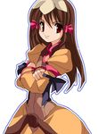  artist_request belt brown_dress brown_hair crossed_arms dress hair_ornament hair_tubes hairpin long_hair long_sleeves lowres puffy_sleeves re_mii red_eyes simple_background smile solo white_background zoids zoids_genesis 