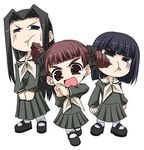  annoyed artist_request black_hair bob_cut bow brown_hair chibi drill drill_hair hair_bow hair_intakes hosokawa_kanako long_hair long_sleeves lowres maria-sama_ga_miteru matsudaira_touko multiple_girls nijou_noriko poking school_uniform serafuku standing sweatdrop twintails v_arms very_long_hair 