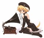  animal_ears bare_shoulders beret black_gloves black_legwear blonde_hair blush boots collar dog_ears dog_tail duplicate elbow_gloves fine_art_parody gloves hat his_master's_voice miniskirt open_mouth parody phonograph pillow record refeia short_hair sitting skirt solo tail thighhighs translated zettai_ryouiki zipper 