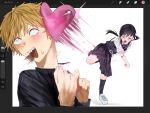  1boy 1girl black_hair blonde_hair blush chainsaw_man couple denji_(chainsaw_man) heart highres mitaka_asa school_uniform throwing tristan358358 white_background 