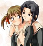  artist_request black_hair blush bow brown_eyes brown_hair embarrassed fukuzawa_yumi grey_eyes hair_bow hug hug_from_behind long_sleeves maria-sama_ga_miteru mizuno_youko multiple_girls school_uniform twintails yuri 